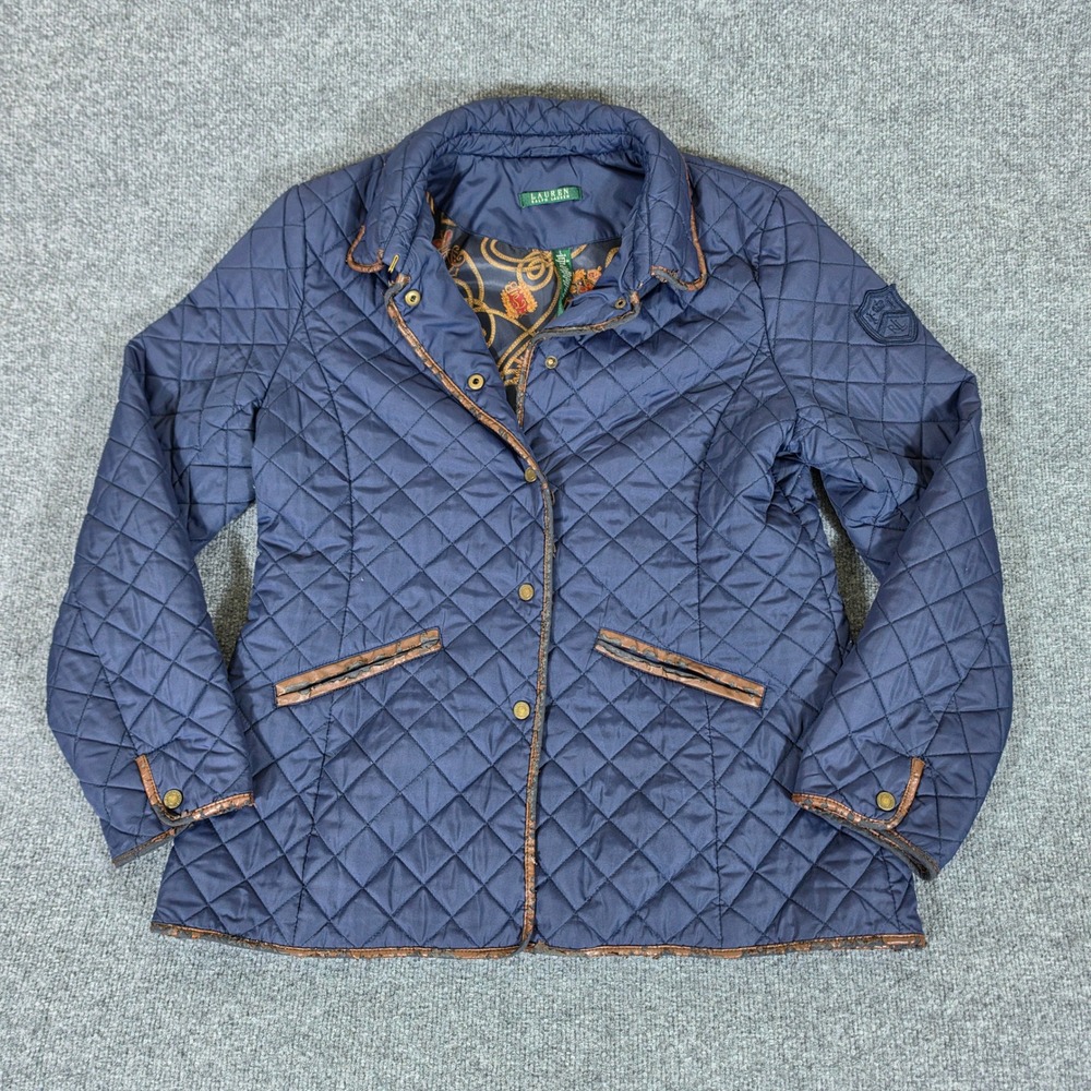 Lauren Ralph Lauren Navy Blue Quilted Barn Jacket Crest Lining Women Large Flaws